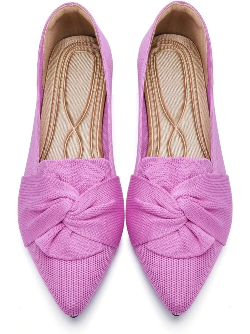 Women's Pink Pointed Toe Bow Comfortable Knit Dressy Pull On Ballet Flat Shoes